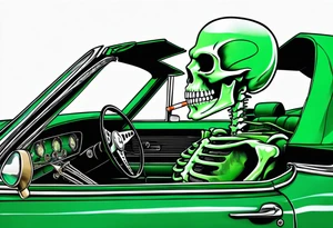 Skeleton smoking a cigarette driving a green 1976 convertible Corvette tattoo idea