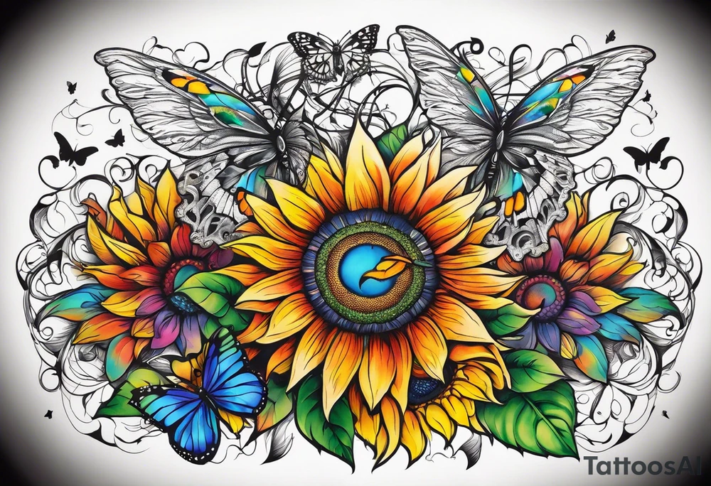 arm sleeve with winged cross, rainbow sunflowers and butterflies tattoo idea