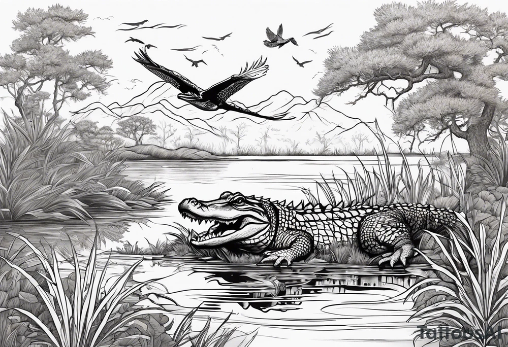 Scene live oak marsh birds alligator tattoo idea
