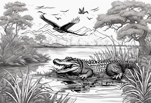 Scene live oak marsh birds alligator tattoo idea