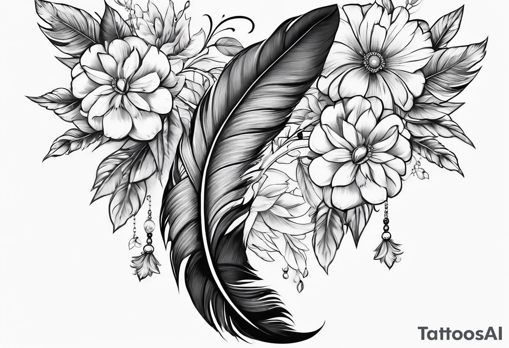 Feather with flowers going up wards tattoo idea