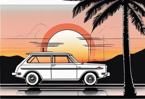 vista cruiser in front of sunset. vintage 70s aesthetic. cute. coquette. black and white tattoo idea