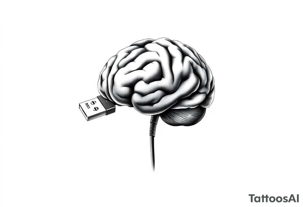 A Floating Brain with a USB Plug
A realistic human brain floating in the air, connected to a thick USB cable instead of a spine.
Holographic data streams running from it, displaying error codes or stock market numbers.
Could have a phrase like “THINK FAST” or “UPLOADING…”. tattoo idea
