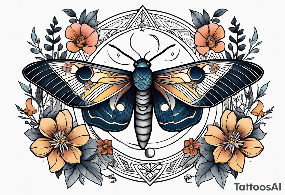 Moth, moon, snake, flowers tattoo idea