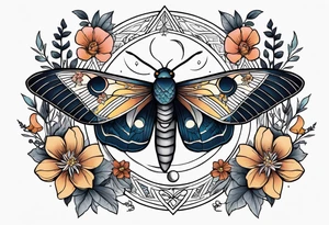Moth, moon, snake, flowers tattoo idea