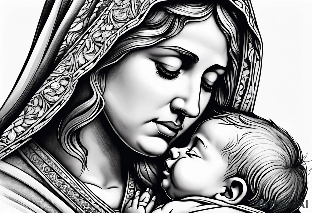 Mary holding baby Jesus in her arms crying tattoo idea