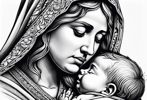 Mary holding baby Jesus in her arms crying tattoo idea