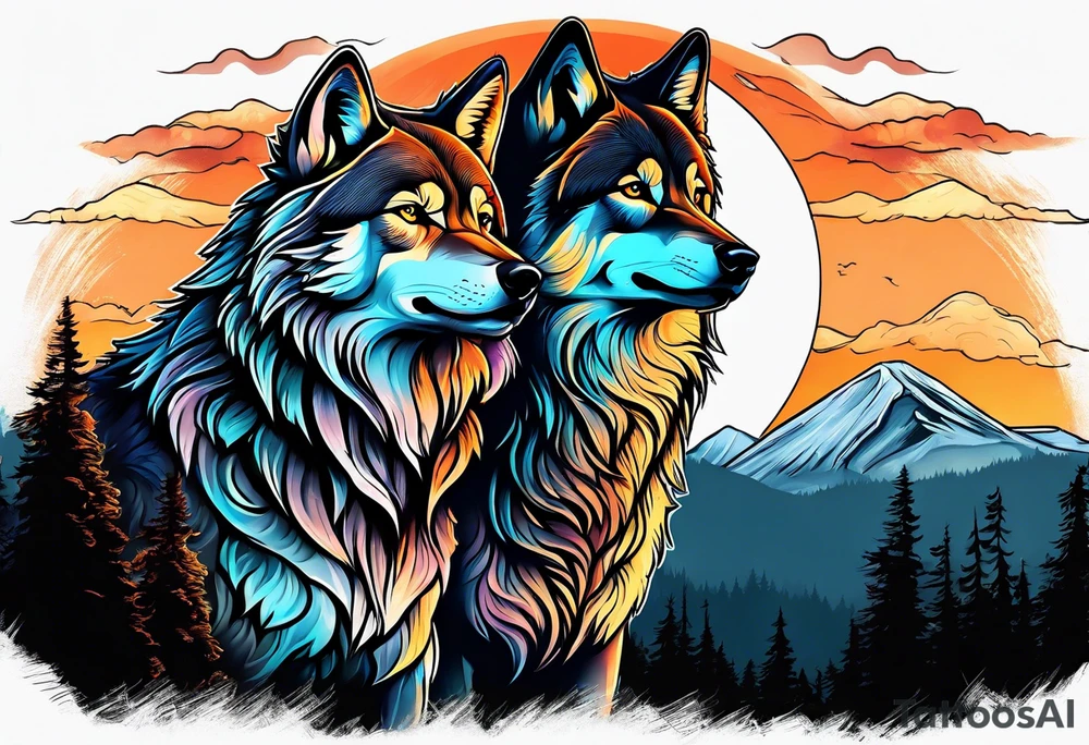 Wolves spouses
Dark woods
Mountains
Sunset tattoo idea