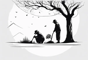 Old man planting a tree, than a young boy playing under a full grown tree. tattoo idea