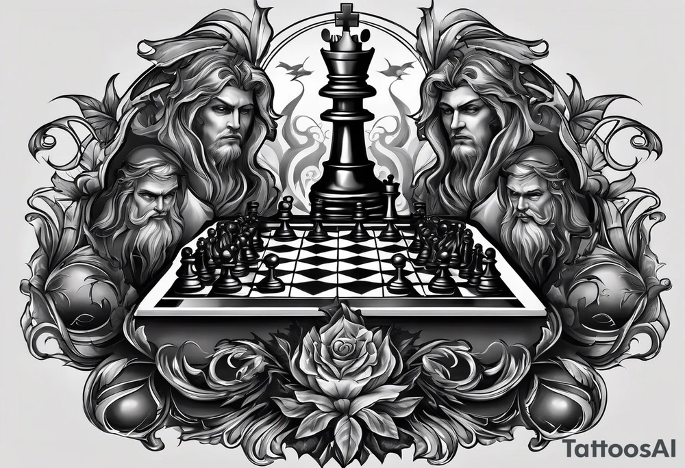 good and evil on sides with  chessboard in the middle with angelic and demonic chess pieces engaged in a strategic game, symbolizing the eternal battle between opposing forces. tattoo idea