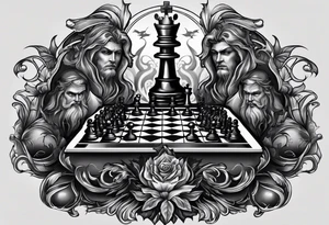 good and evil on sides with  chessboard in the middle with angelic and demonic chess pieces engaged in a strategic game, symbolizing the eternal battle between opposing forces. tattoo idea