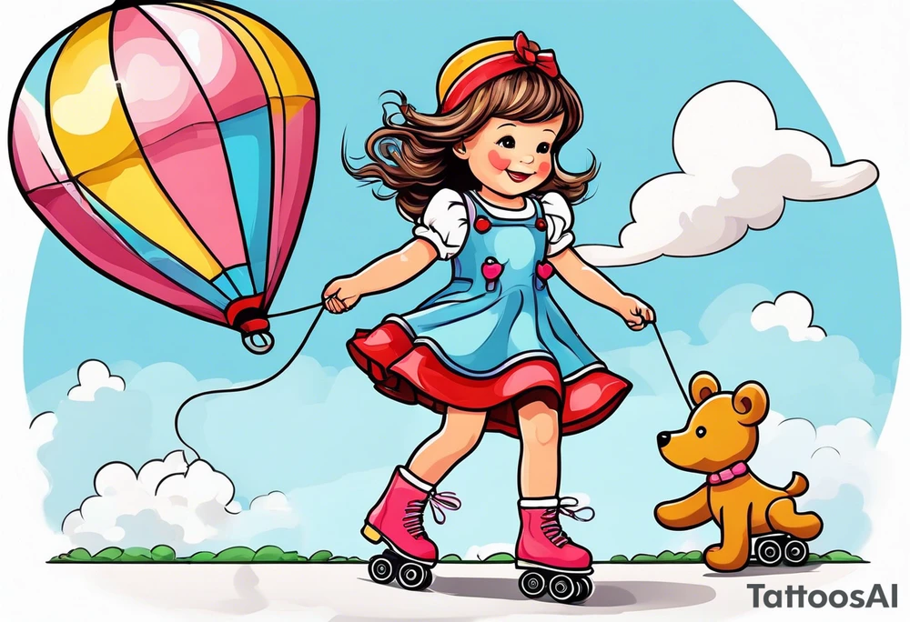 a little girl in a dress standing with a teddy bear in roller skates, flying a kite tattoo idea