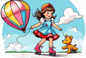 a little girl in a dress standing with a teddy bear in roller skates, flying a kite tattoo idea