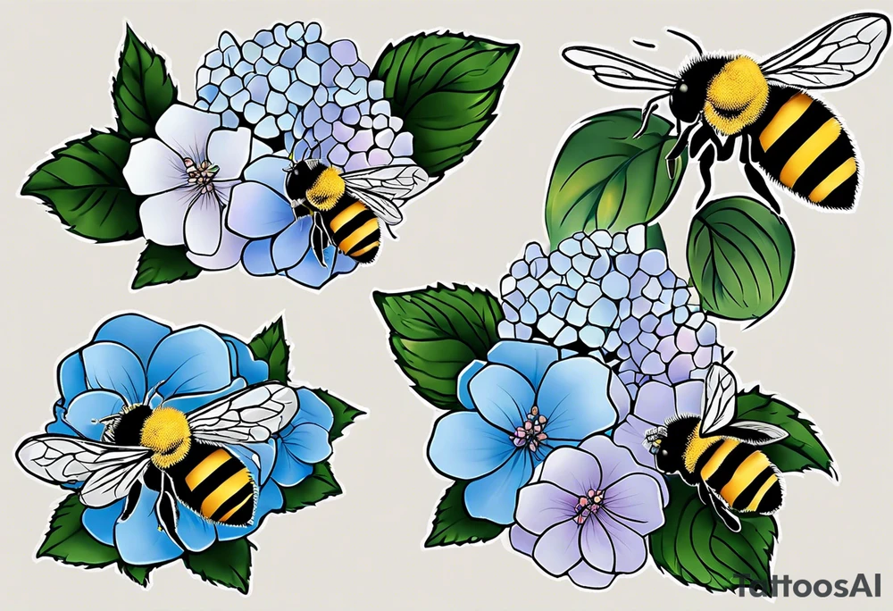 Small tattoo. There’s a hydrangea and a bee but they are not touching. Make the bee smaller than the hydrangea and have the bee off to the side. Bee is smaller than the hydrangea tattoo idea