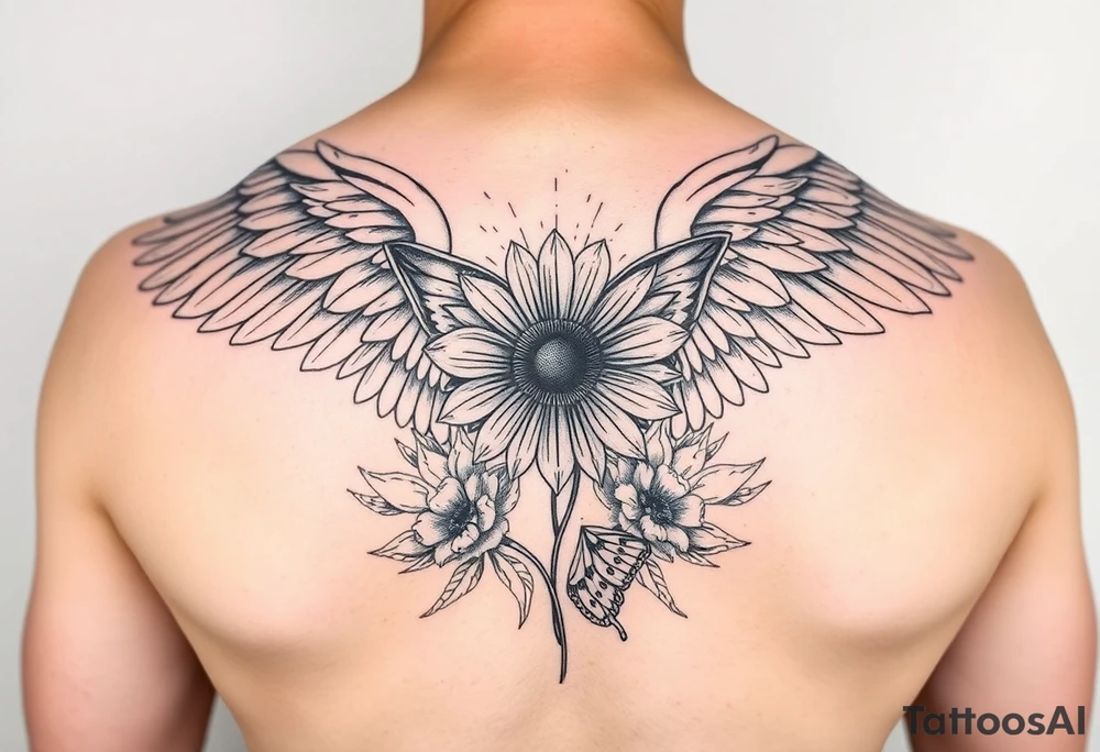 Sleeve with angel wings, sunflower and butterfly tattoo idea tattoo idea