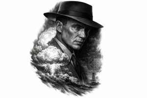 Create a high-end black-and-grey realism tattoo design featuring Cillian Murphy as J. Robert Oppenheimer from Christopher Nolan’s 2023 film Oppenheimer. His face must clearly resemble Cillian Murphy: sharp cheekbones, hollow cheeks, piercing light eyes, narrow face, intense haunted expression, wearing the dark 1940s suit and iconic wide-brimmed pork-pie hat from the film. Do NOT depict the historical J. Robert Oppenheimer or a generic 1940s scientist.

Show Cillian Murphy in dramatic three-quarter profile, looking slightly downward, with one side of his face illuminated by the Trinity nuclear explosion and the other disappearing into deep black shadow.

Behind and partially around him, show the Trinity test exploding over the New Mexico desert: an enormous white-hot fireball, rolling smoke, dust, and atmospheric shockwaves. The explosion should merge organically into his coat and silhouette instead of appearing as a separate mushroom cloud underneath him.

Incorporate subtle Manhattan Project imagery into the shadows: faint handwritten nuclear physics calculations, plutonium-core geometry, chain-reaction diagrams, Los Alamos technical sketches, and the distant silhouette of the Trinity test tower. These details should be secondary and partially hidden.

Make the entire piece dark, cinematic, ominous, sophisticated, and psychologically intense, inspired by the visual atmosphere of the 2023 Oppenheimer film. The tattoo should convey a brilliant man staring into the consequences of what he helped create.

Style: ultra-realistic black-and-grey tattoo, extremely accurate Cillian Murphy facial likeness, cinematic lighting, deep blacks, smooth greywash, fine-line details, realistic skin texture, strong contrast, controlled negative space, organic smoke transitions, no hard rectangular border, designed for an outer forearm or upper arm, vertical composition.

NO: historical Oppenheimer facial likeness, generic scientist, giant atom symbol around his head, atom halo, Einstein, cartoon imagery, symmetrical tattoo-flash layout, portrait sitting directly above a mushroom cloud, cheesy science icons, gears, clocks, skulls, roses, random text, gibberish equations, steampunk imagery, exaggerated fedora, smiling expression, superhero pose. tattoo idea