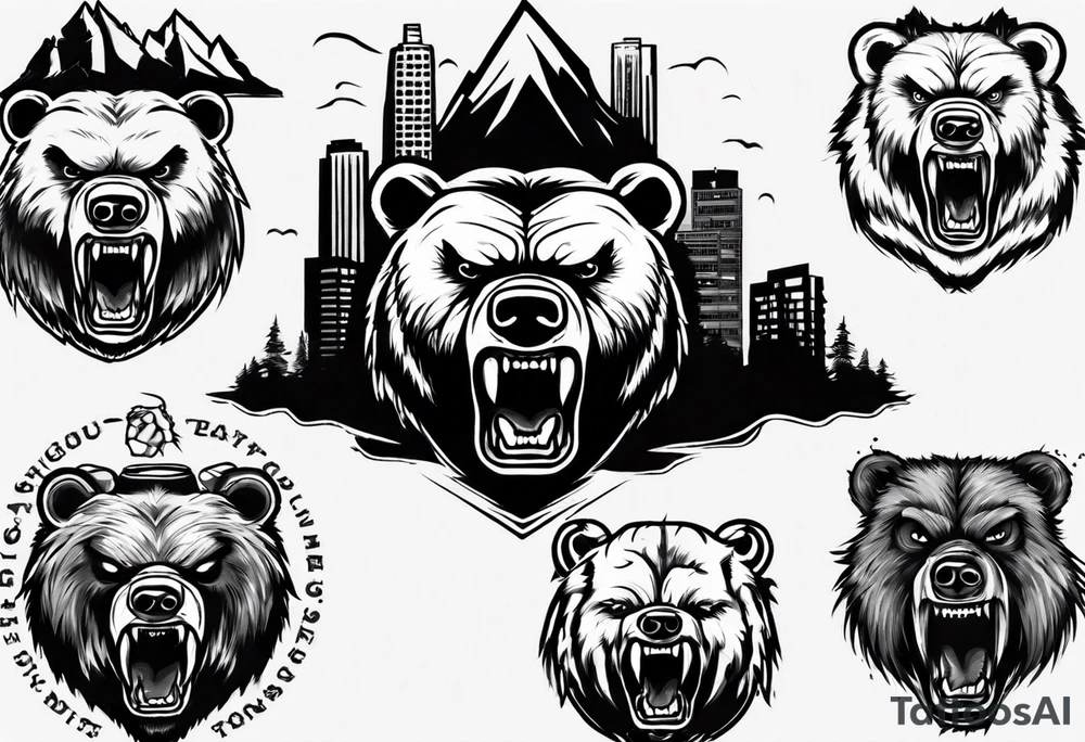 Angry bear coming up behind a city tattoo idea