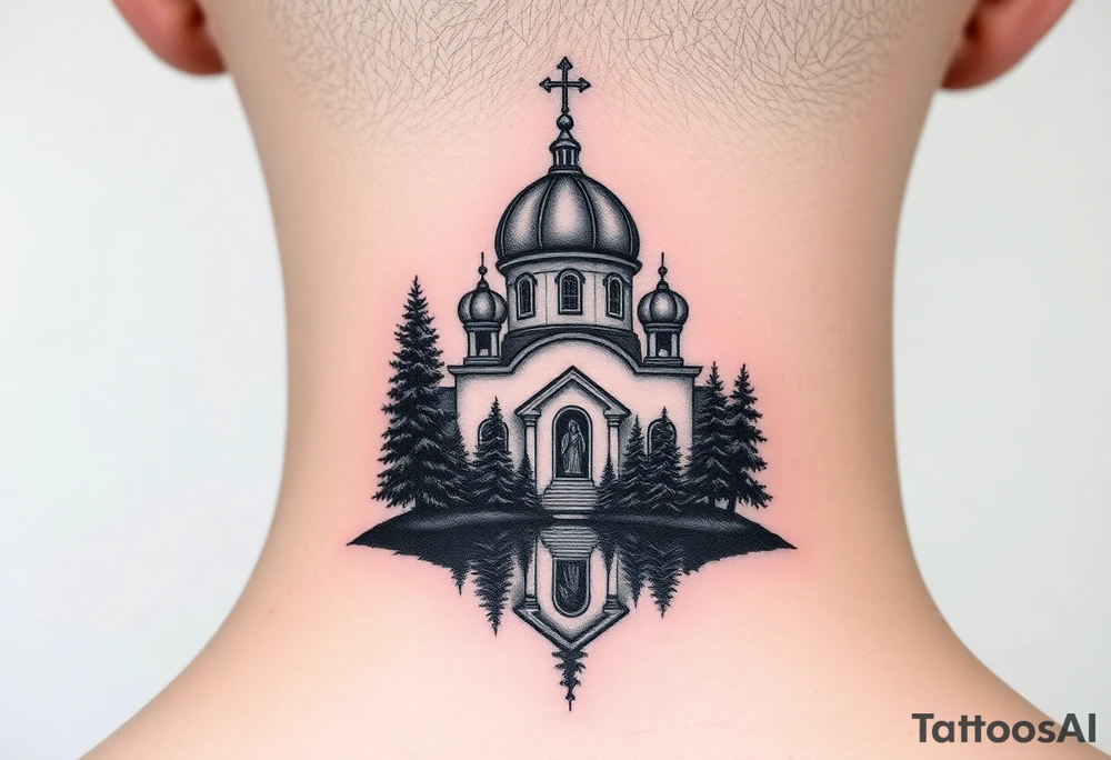 medium sized russian orthodox dome church with a separated virgin mary with a lake and pine trees tattoo idea