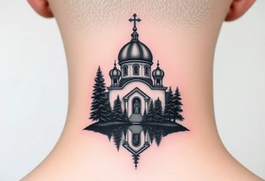 medium sized russian orthodox dome church with a separated virgin mary with a lake and pine trees tattoo idea