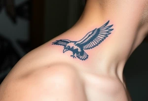 A detailed raven in mid-flight, wings spread wide with intricate feather patterns, symbolizing Tris’s journey, representing sci fi movie Divergent and name TRIS tattoo idea