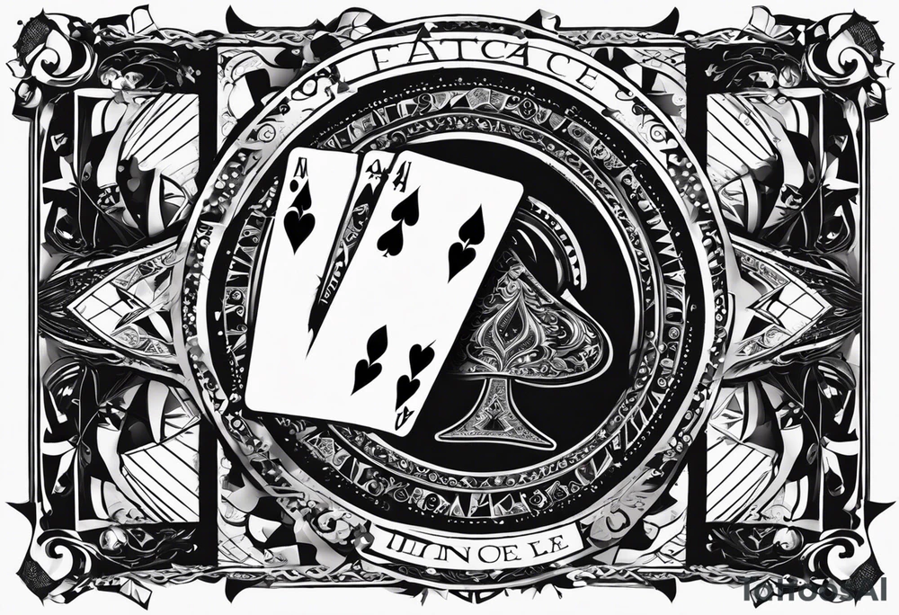 A black-and-white tattoo featuring a deck of playing cards falling mid-air, with a joker card prominently displayed at the center to symbolize unpredictability and chaos in life. The cards are scattered, some face-up, some face-down, representing chance and fate. A small hourglass is incorporated at the base of the design, symbolizing the passage of time. The tattoo uses bold lines and shading to create depth and contrast, keeping the design entirely black and white tattoo idea