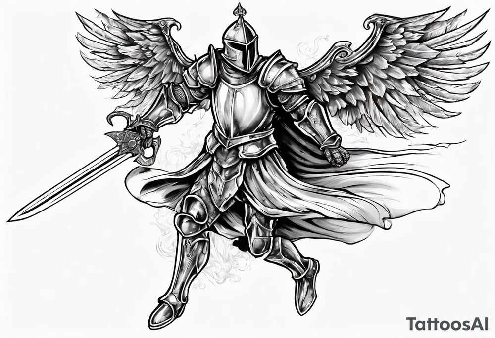 A Winged Paladin Knight in mid-air with his sword about to attack. tattoo idea