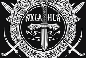 Valhalla shield sword 
axe step tattoo idea
