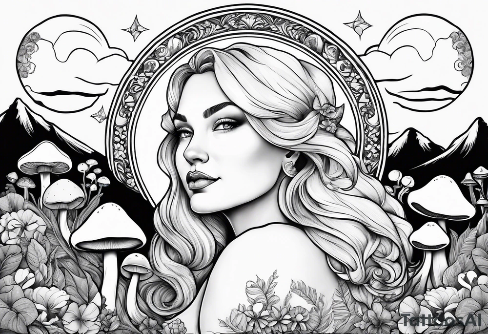 Older blonde fat woman no makeup surrounded by mushrooms mountains crescent moon background tattoo idea
