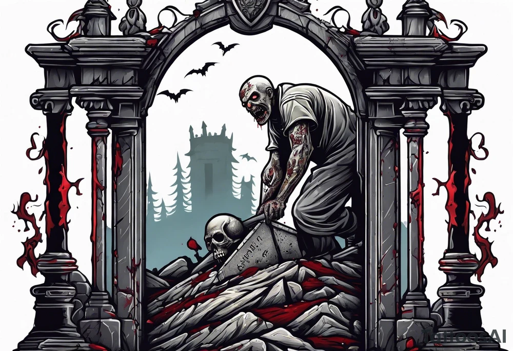 Zombie crawling out of grave. 
MIW Reincarnate written on gravestone tattoo idea