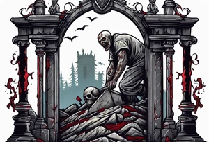 Zombie crawling out of grave. 
MIW Reincarnate written on gravestone tattoo idea
