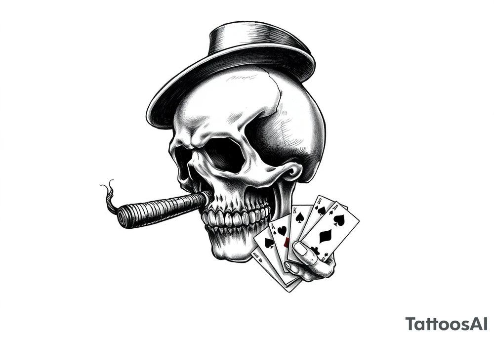 a skull with mustache, a big cigar in his mouth,top-hat on his head and playing cards in a hand. tattoo idea