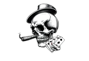 a skull with mustache, a big cigar in his mouth,top-hat on his head and playing cards in a hand. tattoo idea