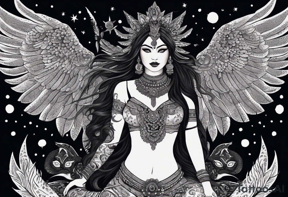 black kali, goddess pirate, alien, angel, pachamama, valkrye, warrior, flying, skull, lotus azul, wing, eagle, zenza resonance, stars, 5D, anahata chakra, death, durga, riding on a tiger, flying lady, kundalini, chest tatoo, samuri, rebel,serpent tattoo idea