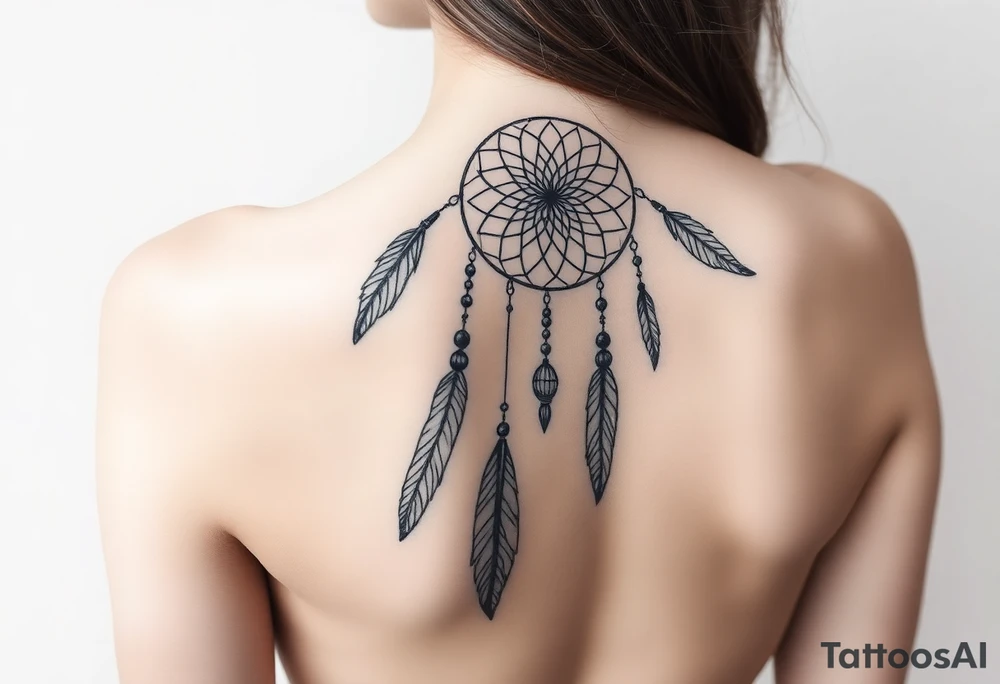 native dreamcatcher with flowing feathers and sacred beads tattoo idea