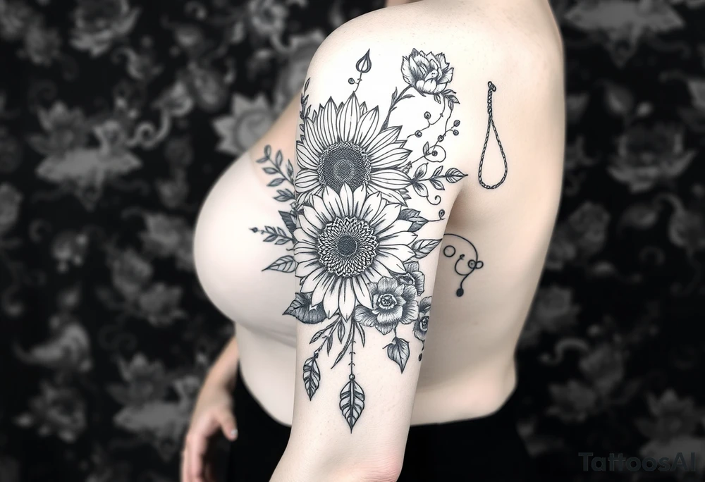 Storm, darkness, seven deadly sins, fat naked woman, peacock, dead sunflower and rosesflowers, razor blades, noose, couple having sex , cupcake ,cigerettes storm clouds coins, mirror, lamb, lion tattoo idea