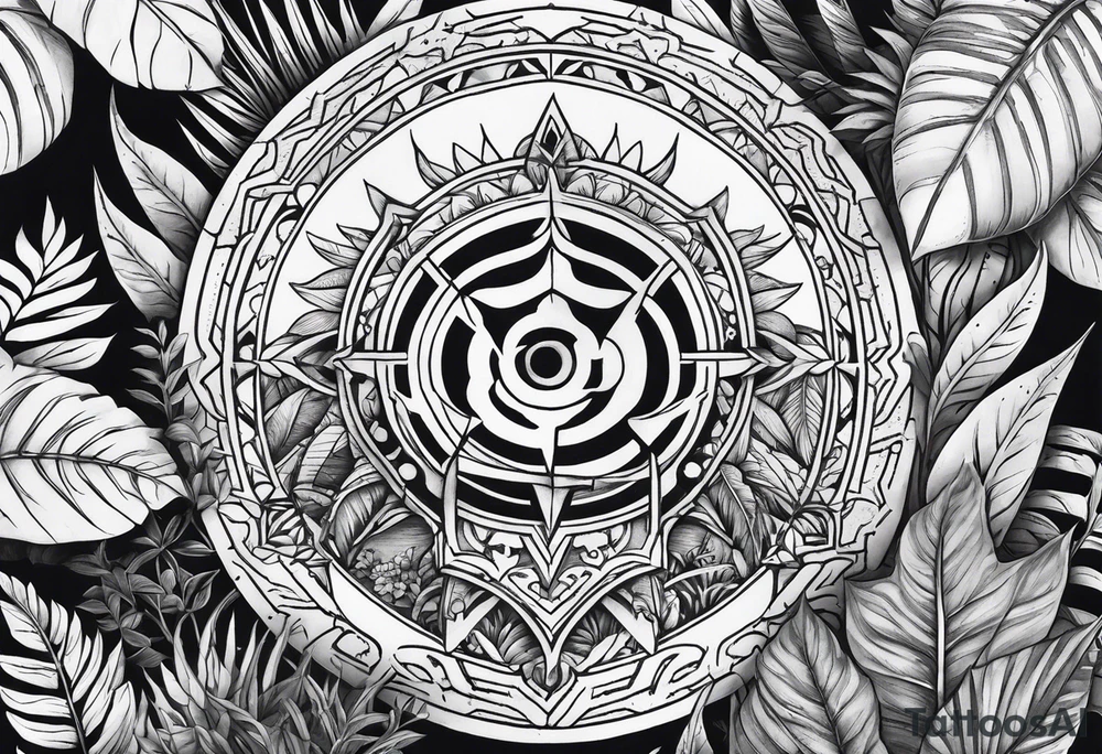 arm sleeve tattoo with The Helm of Awe surrounded by jungle plants tattoo idea