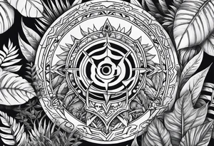 arm sleeve tattoo with The Helm of Awe surrounded by jungle plants tattoo idea