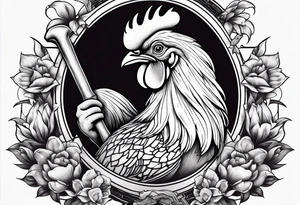 Buff rooster holding an axe chopping crabs tattoo idea