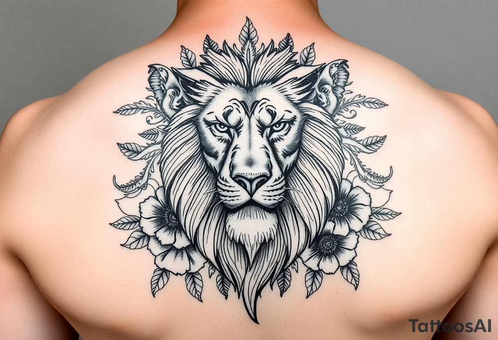 powerful majestic lion with a crown, surrounded by floral ornaments and birds b tattoo idea