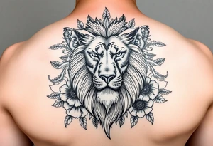 powerful majestic lion with a crown, surrounded by floral ornaments and birds b tattoo idea