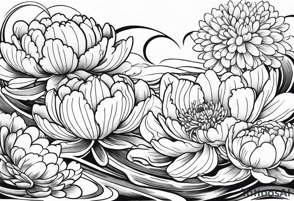 Full sleeve japanese peonies and chrysanthemum in water tattoo idea