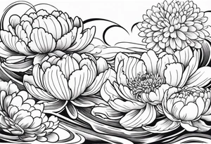 Full sleeve japanese peonies and chrysanthemum in water tattoo idea