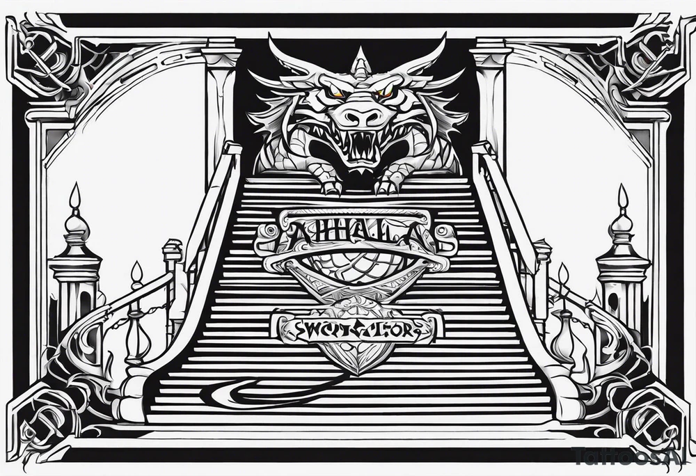 Valhalla 
 sword stairs dragon tattoo idea