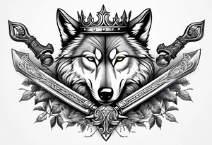 Create a vision of arm tattoo sleeve with combination of sword, crown, tree and three wolves to represent clients family roots tattoo idea