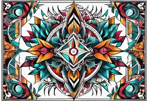 Bold geometric tapestry trident in colour on arm tattoo idea