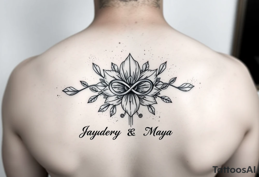 January and December birth Flower with infinity sign and the names Jayden and Maya tattoo idea