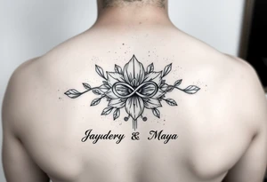 January and December birth Flower with infinity sign and the names Jayden and Maya tattoo idea