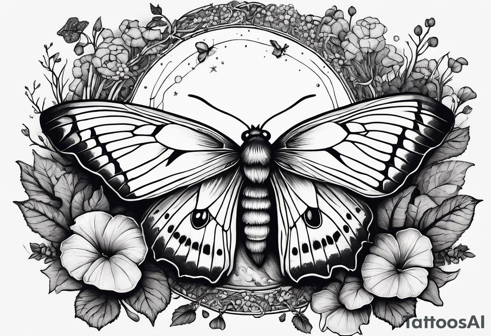 Woodland, cottage core, lunar moth, fallen log with small amount of mushrooms tattoo idea