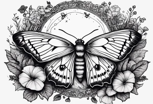 Woodland, cottage core, lunar moth, fallen log with small amount of mushrooms tattoo idea