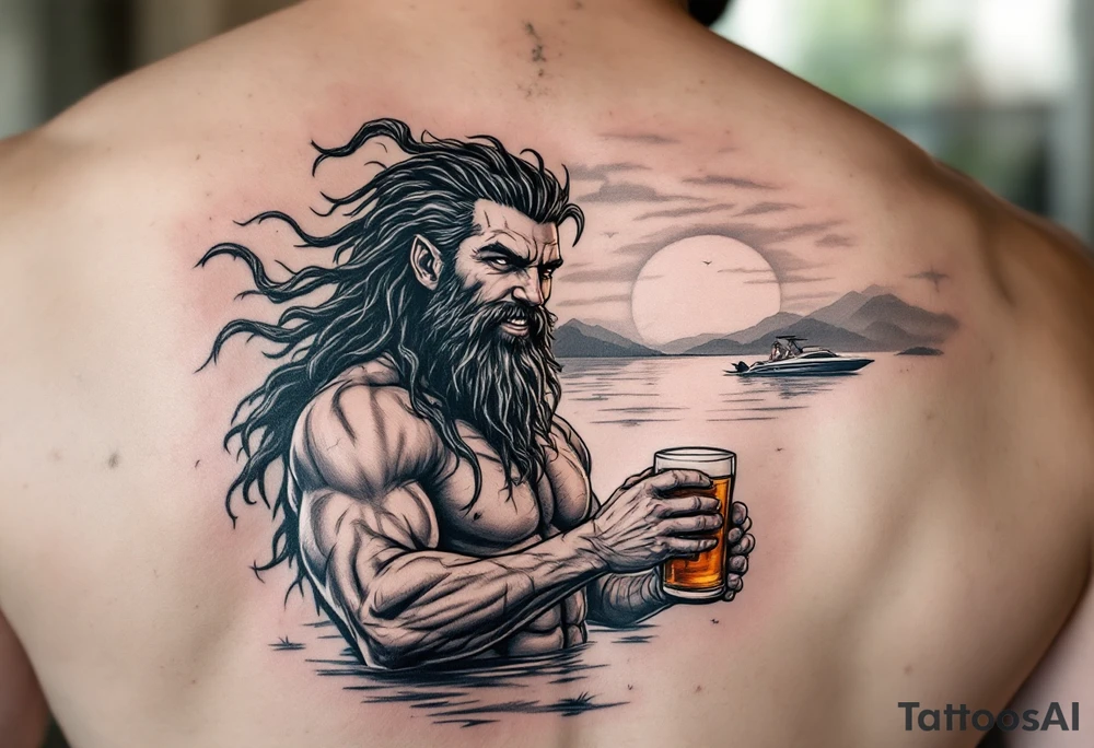 young, happy, fit poseidon in calm water, holding a trident, drinking a beer, with sunset, with ski boat tattoo idea